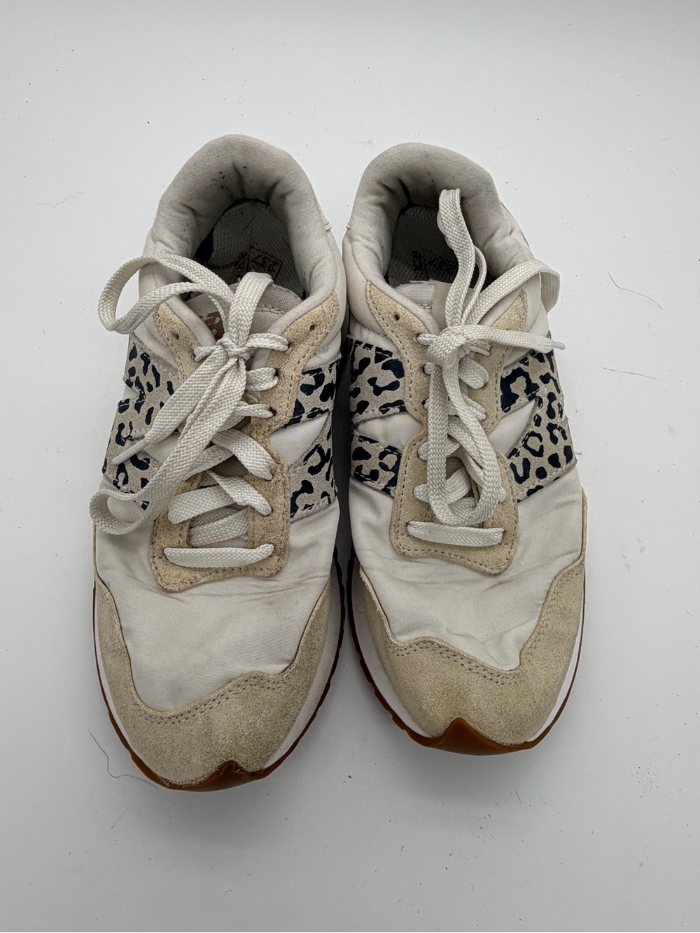 New Balance Women's White and Beige Leopard-Trim Sneakers